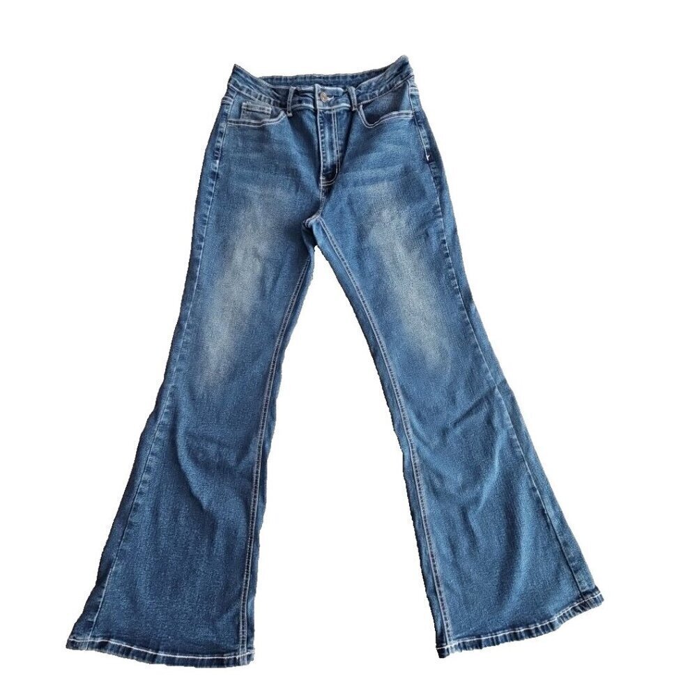 Romwe Jeans Women's Size L 8/10 (W28xL28) Flared Leg Contrast Stitch Embroidery‎